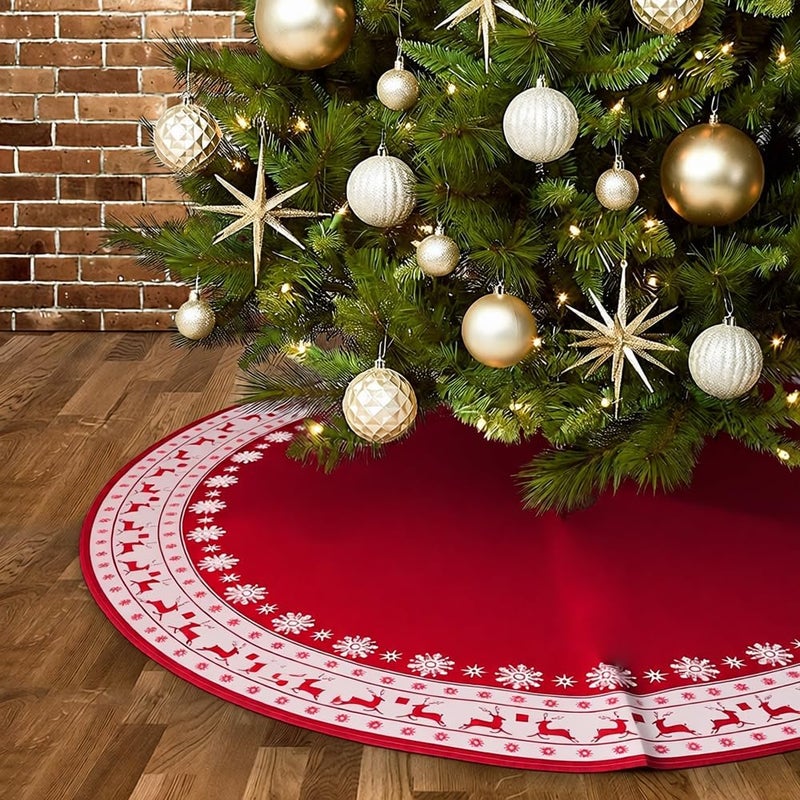 WNYLEPL Christmas Tree Skirt, Red Tree Skirts 48 Inch with Snowflake Reindeer Rustic Farmhouse Xmas Tree Skirt Christmas Decorations for Holiday Party Decor - Image 5